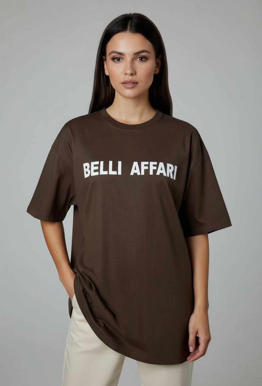 Brown Oversized T‑Shirt “BELLI AFFARI” – Poly‑Flex Printed Graphic Tee | Comfort Fit Streetwear