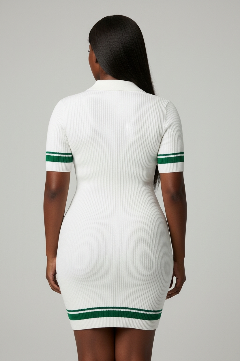 White Green Striped ‘BA’ Logo Ribbed Polo Mini Dress